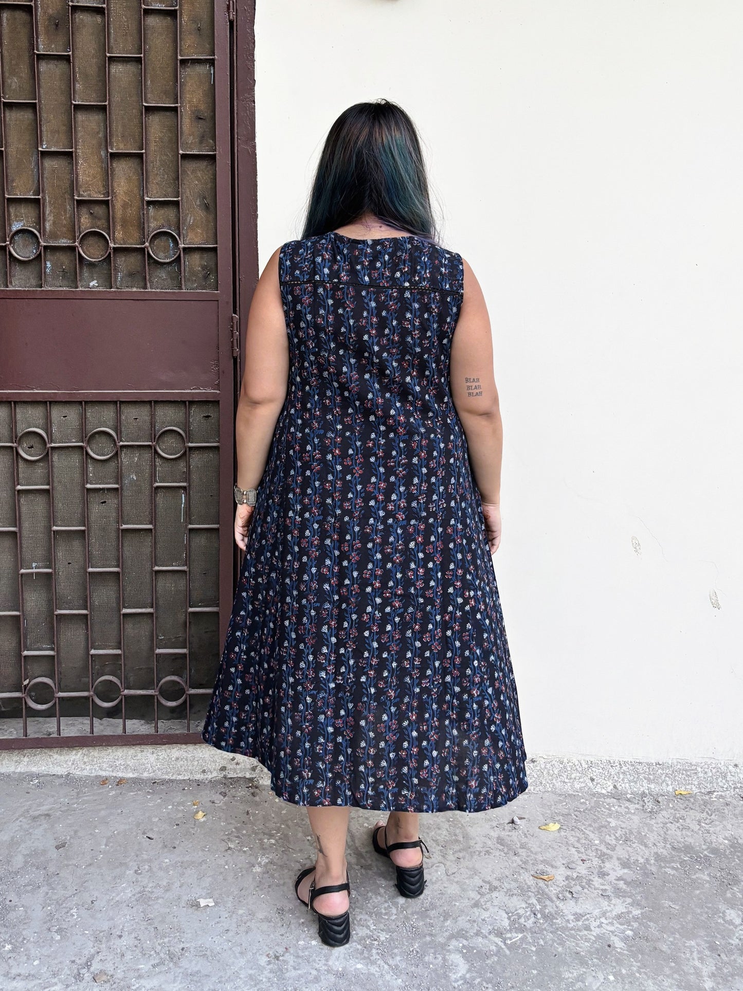 Raatrani Hand Block Printed Midi Dress with Lace Detailing