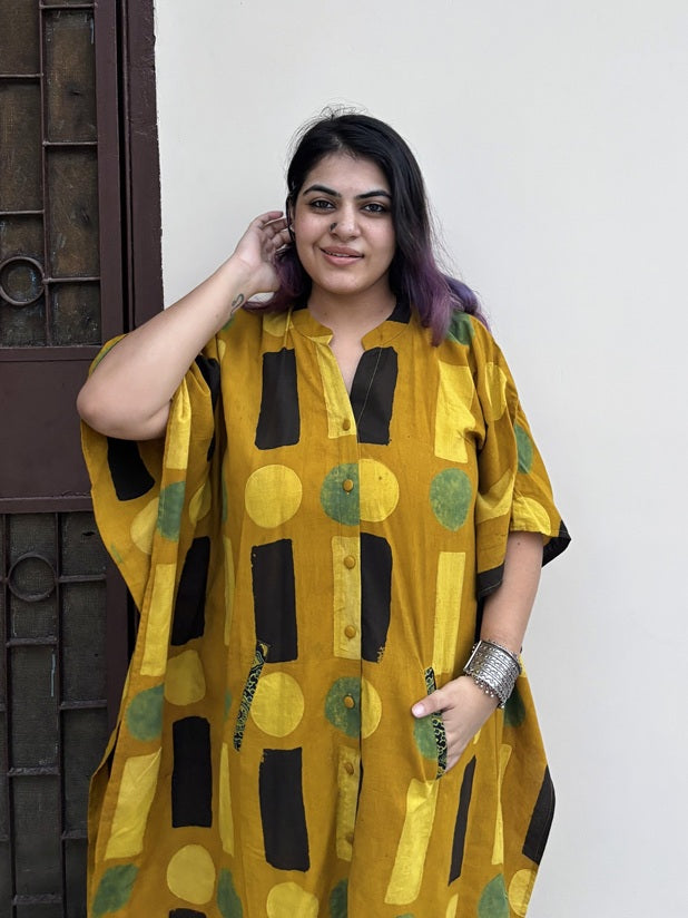 Yellow Geometric High Low Midi Cotton Shirt Kaftan