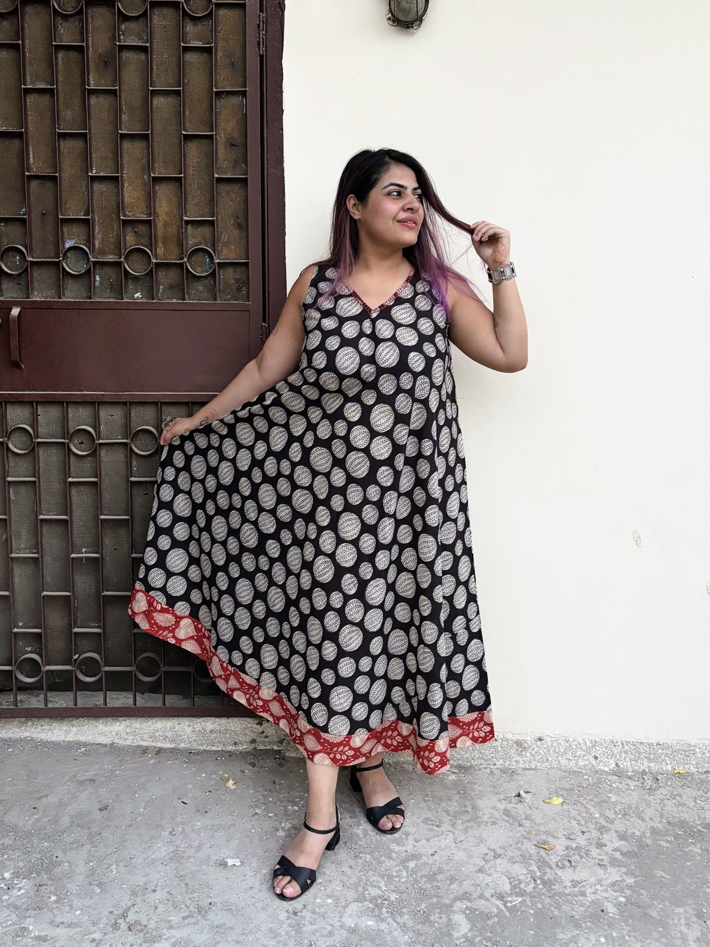 Bindi Bounce Sleeveless Hand Block Printed Flared Maxi Dress