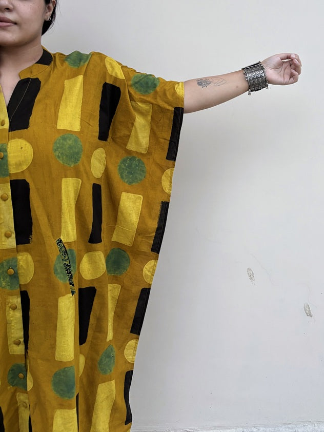 Yellow Geometric High Low Midi Cotton Shirt Kaftan