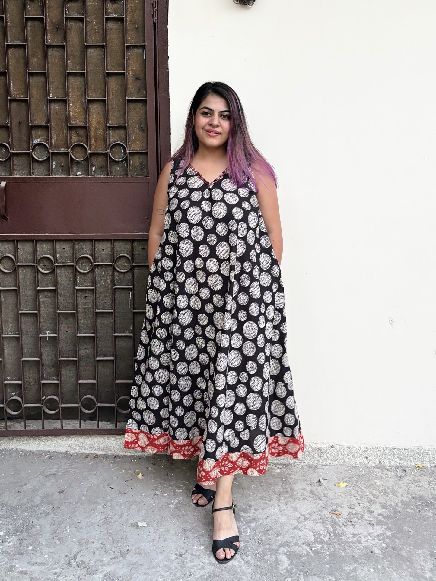 Bindi Bounce Sleeveless Hand Block Printed Flared Maxi Dress