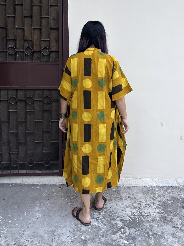 Yellow Geometric High Low Midi Cotton Shirt Kaftan