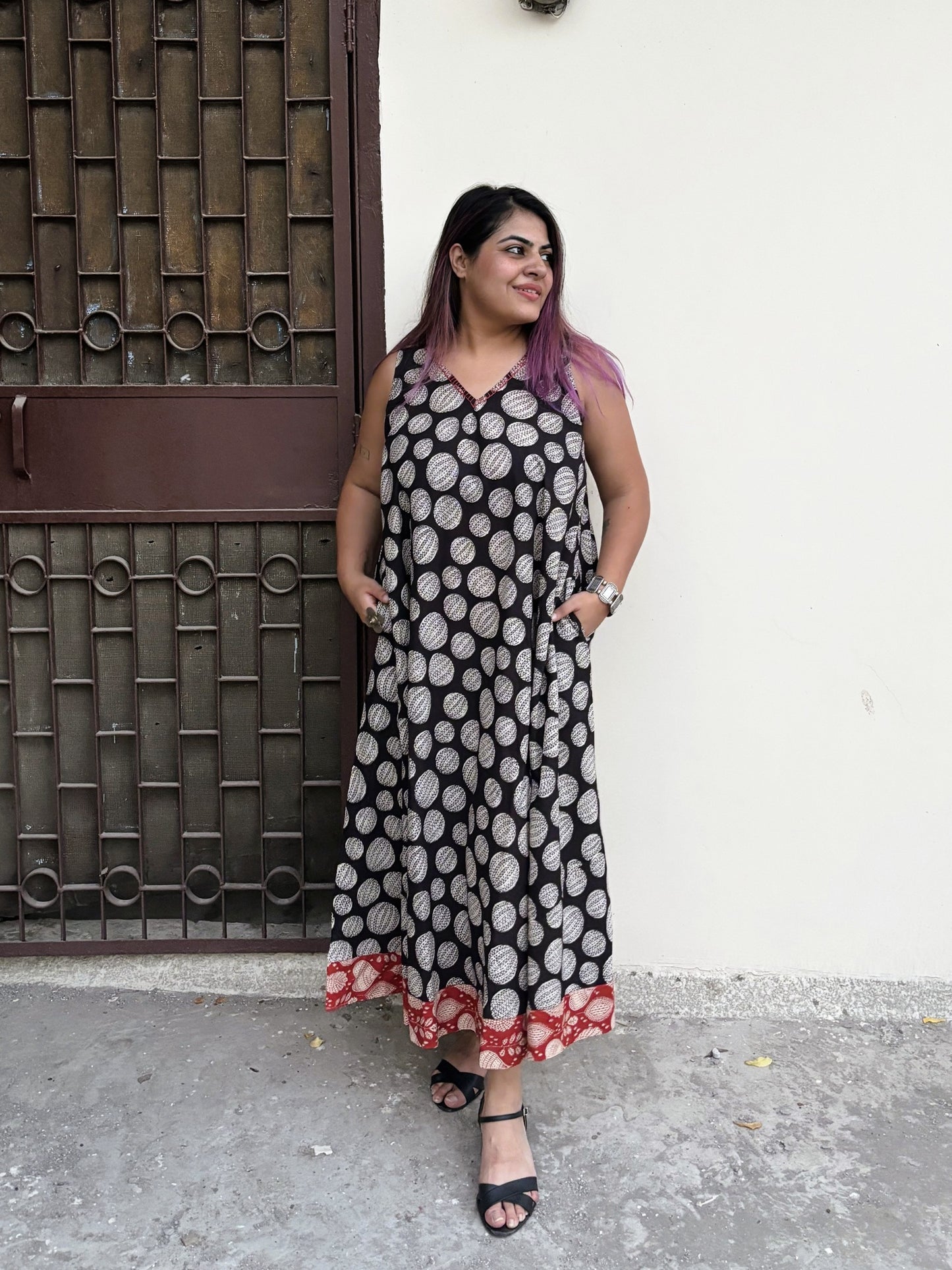 Bindi Bounce Sleeveless Hand Block Printed Flared Maxi Dress