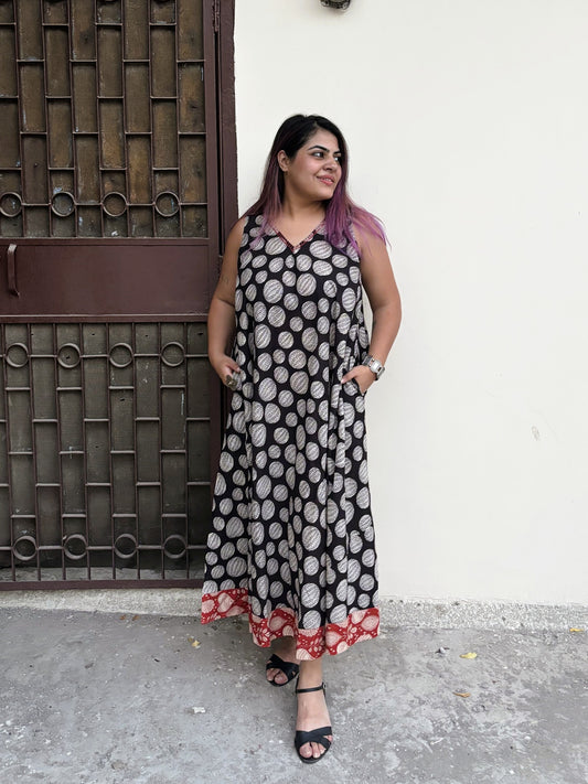 Bindi Bounce Sleeveless Hand Block Printed Flared Maxi Dress