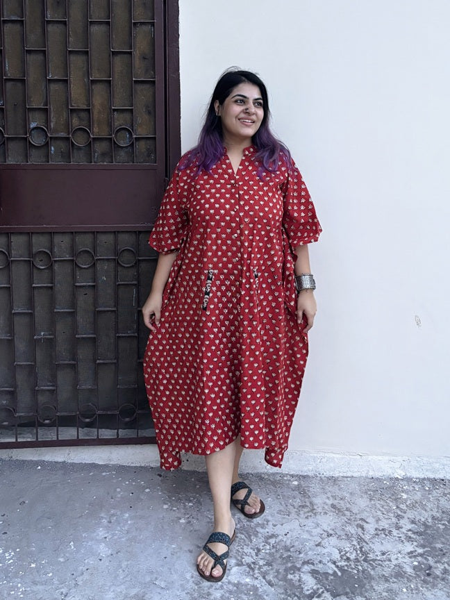 Red Lotus High Low Midi Cotton Shirt Kaftan