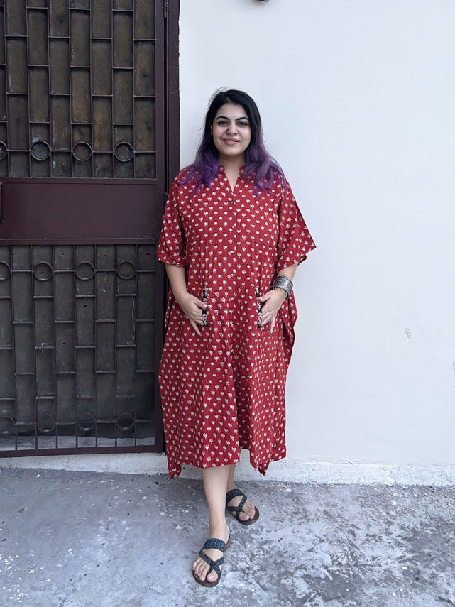 Red Lotus High Low Midi Cotton Shirt Kaftan