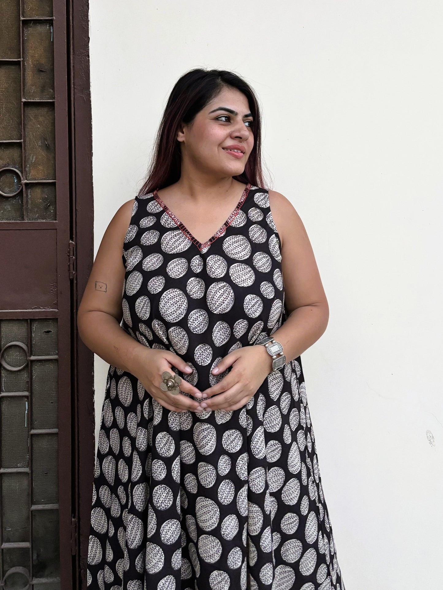 Bindi Bounce Sleeveless Hand Block Printed Flared Maxi Dress