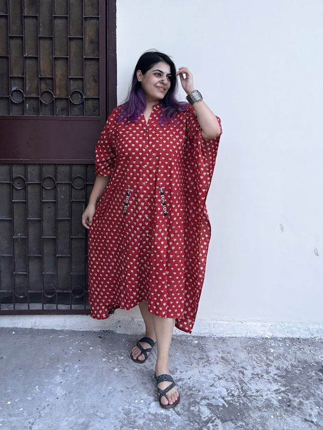 Red Lotus High Low Midi Cotton Shirt Kaftan