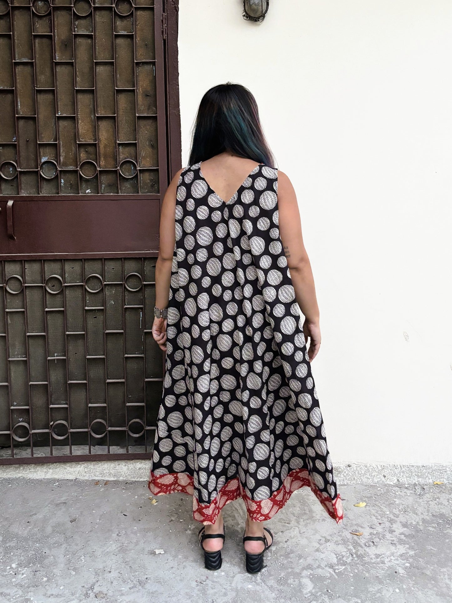 Bindi Bounce Sleeveless Hand Block Printed Flared Maxi Dress