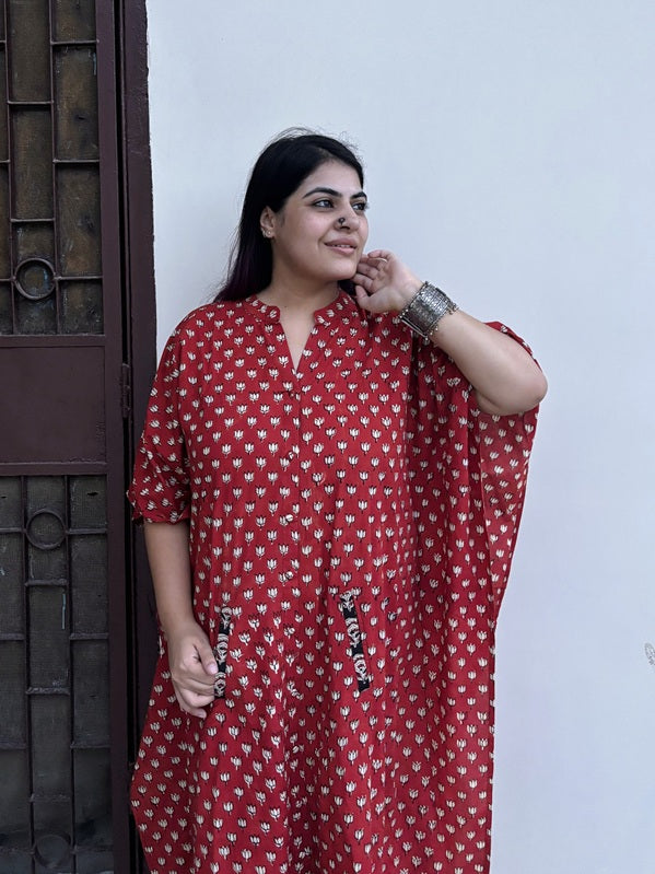 Red Lotus High Low Midi Cotton Shirt Kaftan