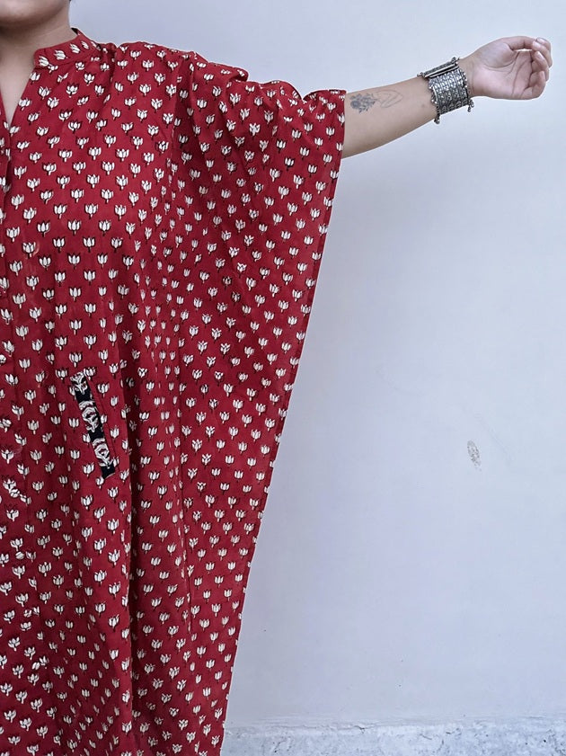 Red Lotus High Low Midi Cotton Shirt Kaftan