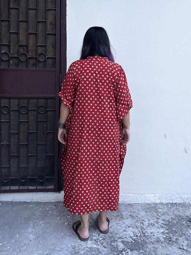 Red Lotus High Low Midi Cotton Shirt Kaftan