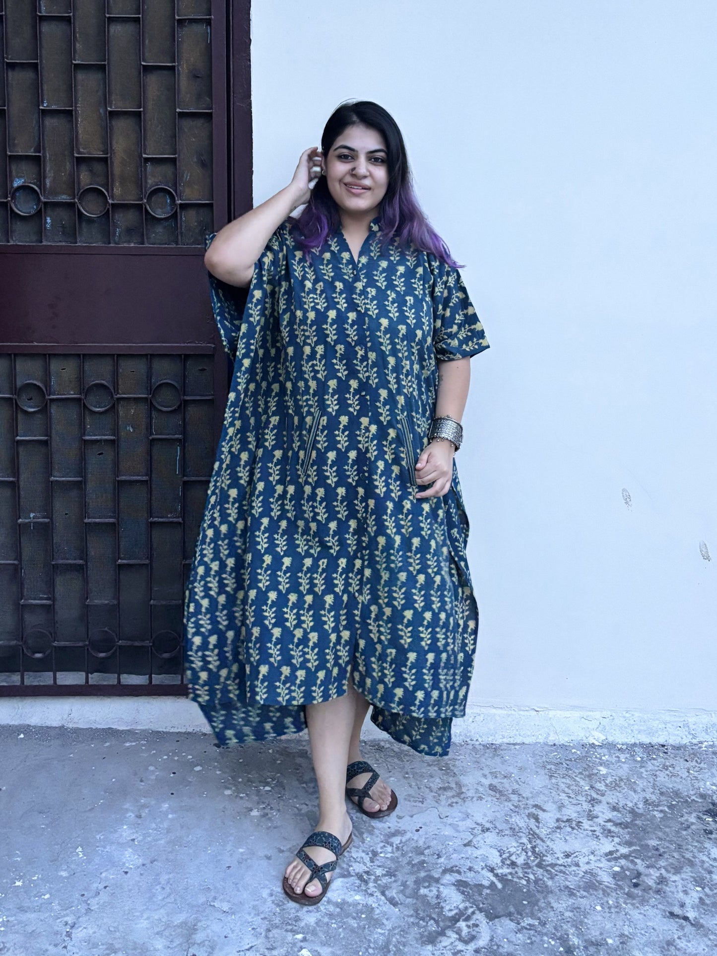 Indigo Green Ajrakh High Low Midi Cotton Shirt Kaftan