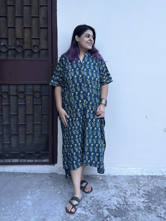 Indigo Green Ajrakh High Low Midi Cotton Shirt Kaftan