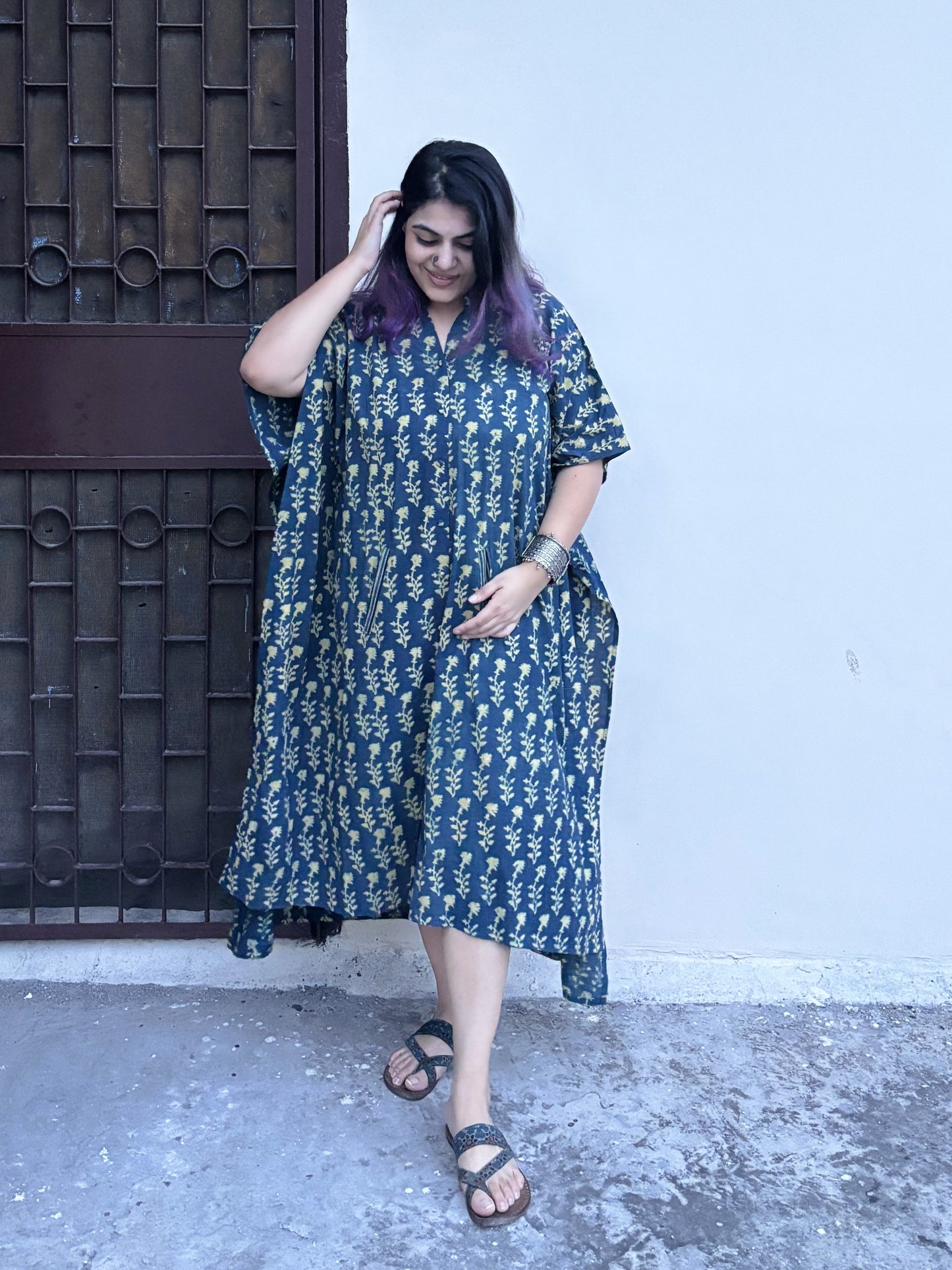 Indigo Green Ajrakh High Low Midi Cotton Shirt Kaftan
