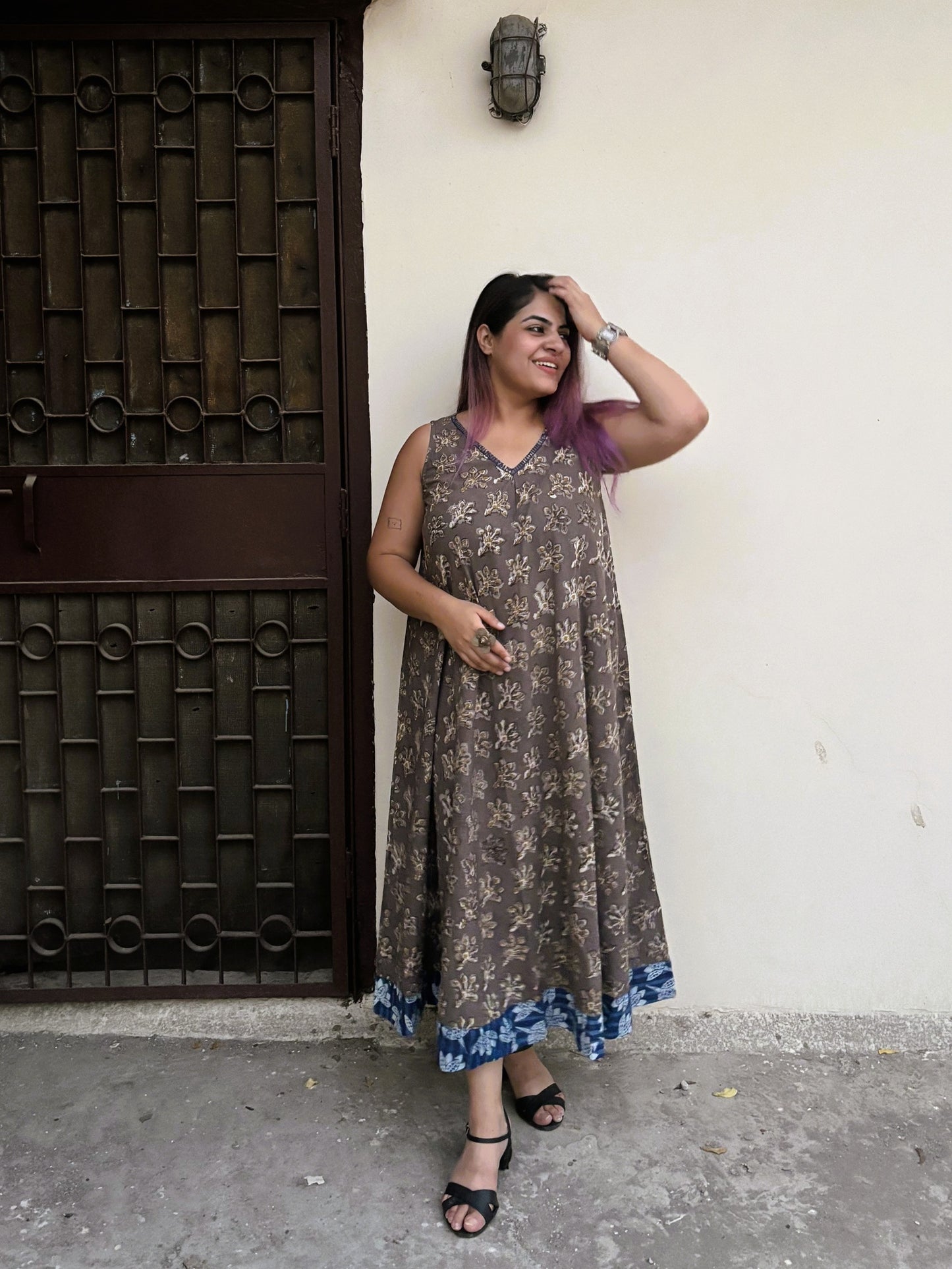 Saanjh Sleeveless Hand Block Printed FLared Maxi Dress