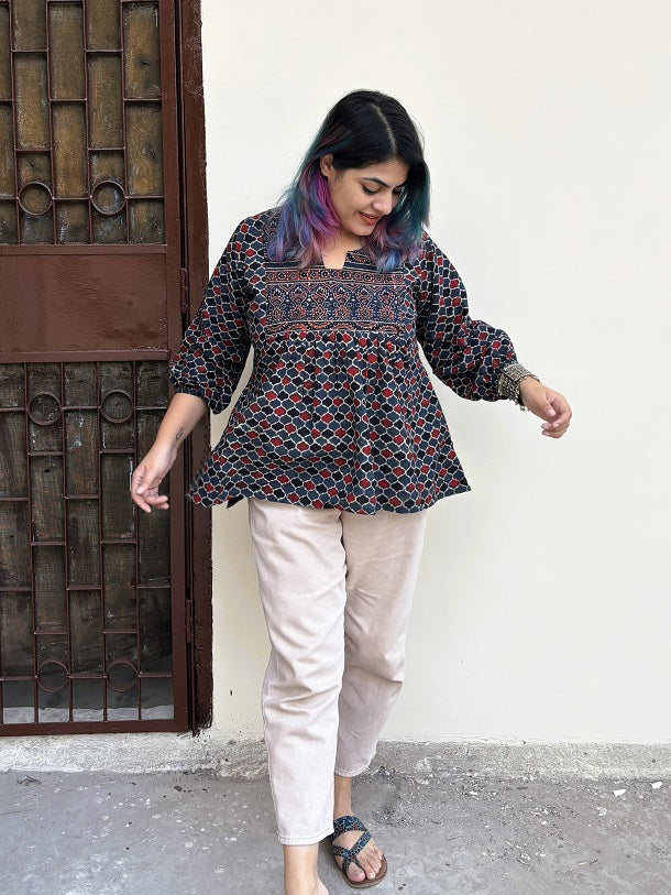 Indigo Red Ajrakh Boho Top with Back Drawstring