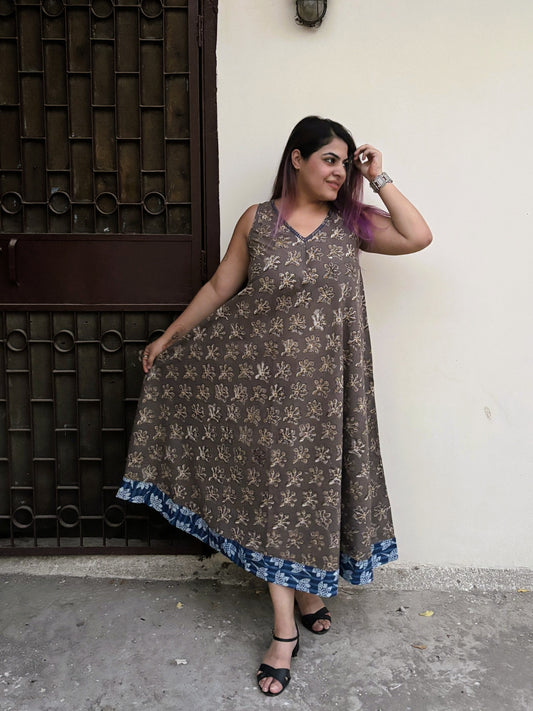 Saanjh Sleeveless Hand Block Printed FLared Maxi Dress