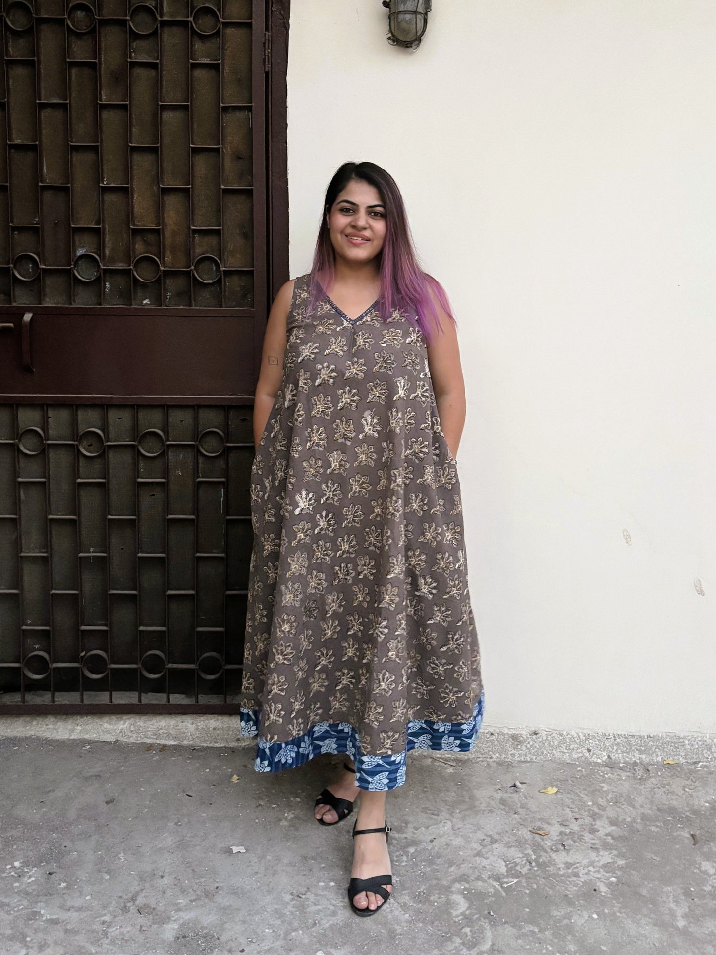 Saanjh Sleeveless Hand Block Printed FLared Maxi Dress
