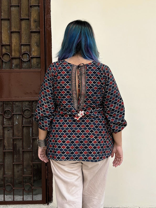 Indigo Red Ajrakh Boho Top with Back Drawstring