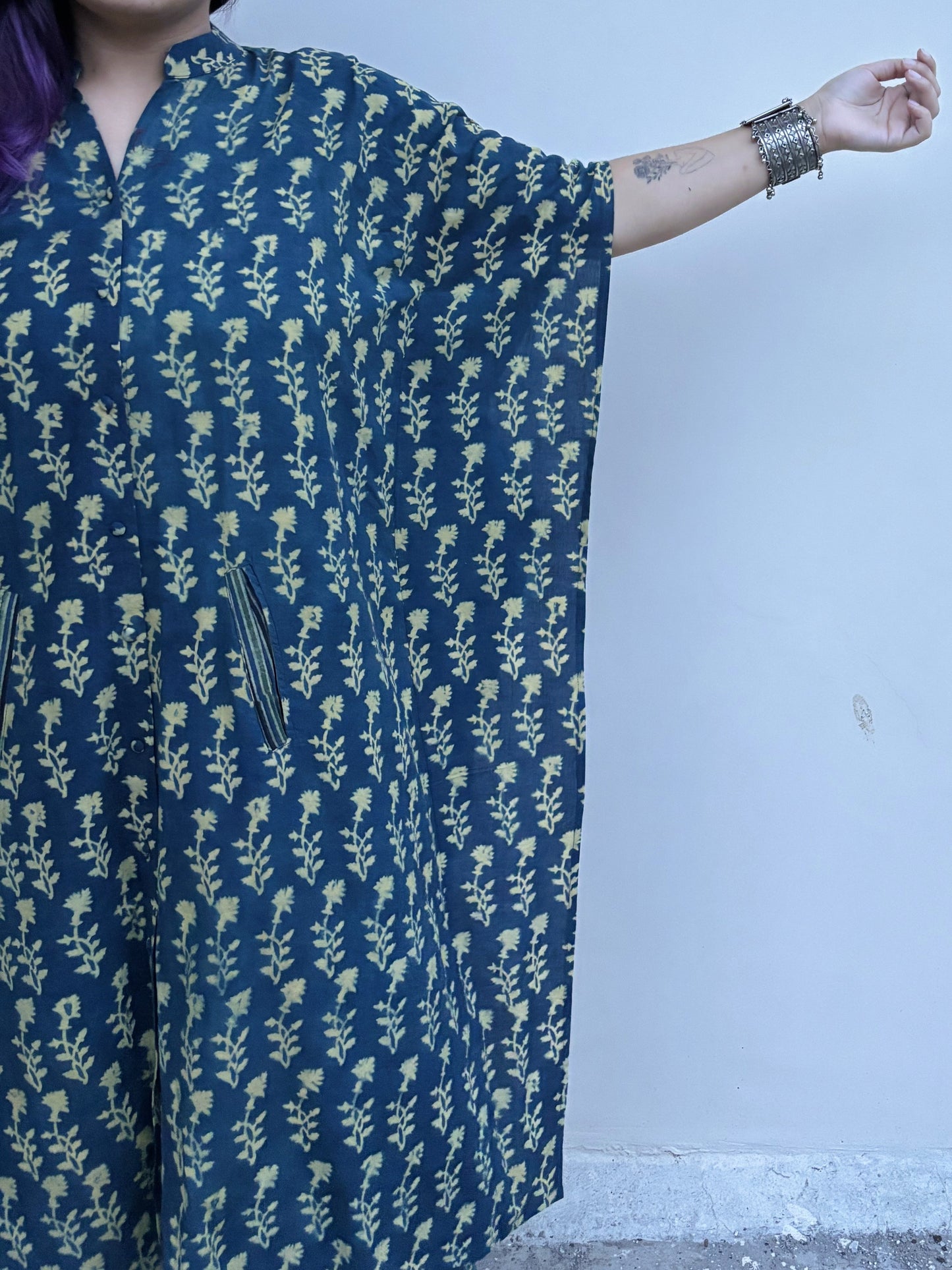 Indigo Green Ajrakh High Low Midi Cotton Shirt Kaftan