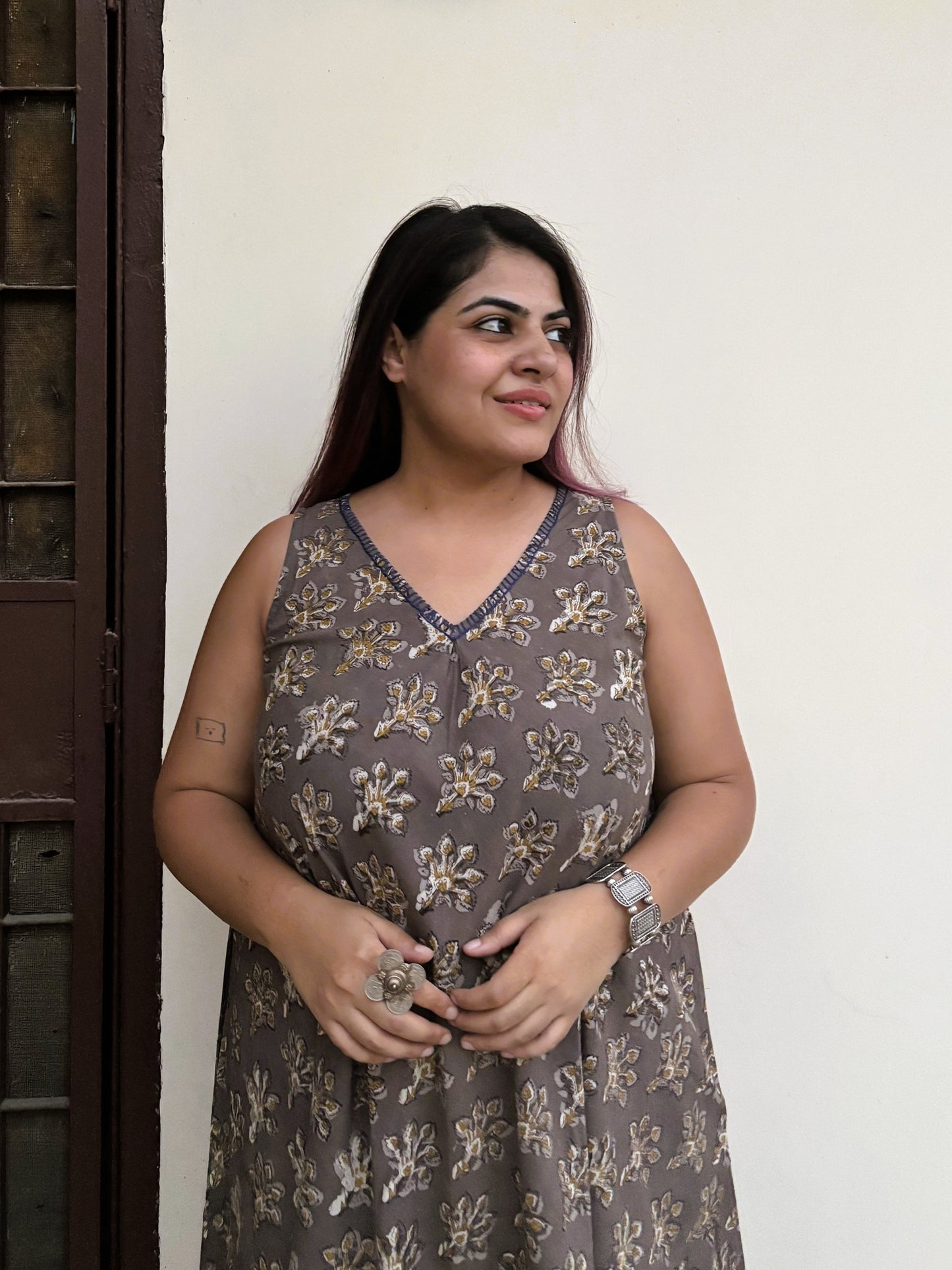 Saanjh Sleeveless Hand Block Printed FLared Maxi Dress