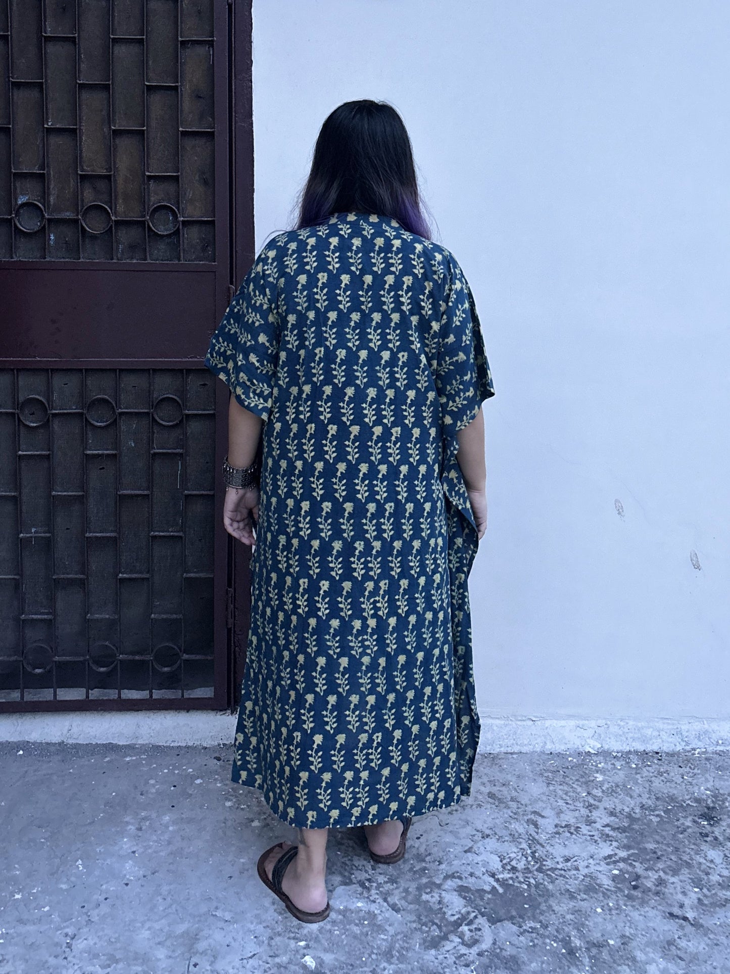 Indigo Green Ajrakh High Low Midi Cotton Shirt Kaftan
