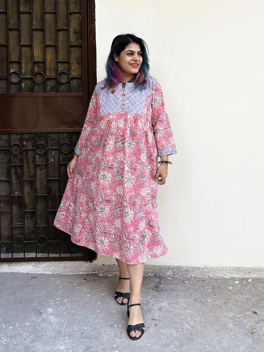 Pretty Pink Hand Block Printed Midi Dress with Gathers