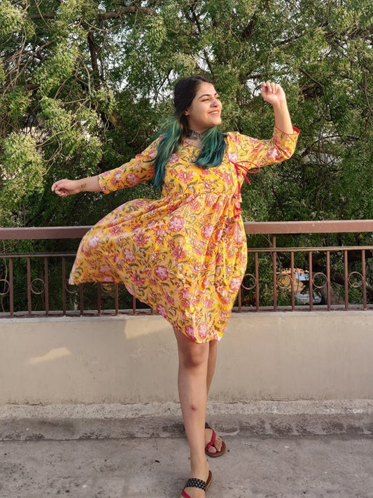 Sunshine Hand Block Printed Angrakha Flared Dress