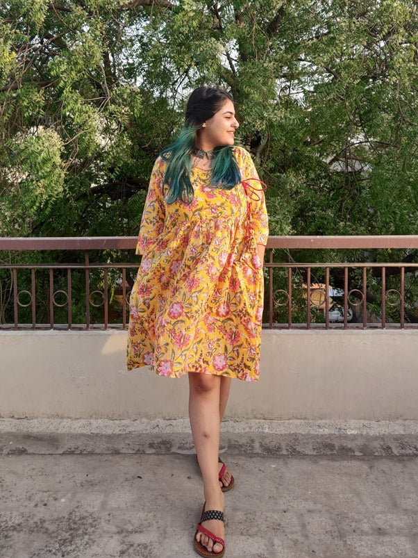 Sunshine Hand Block Printed Angrakha Flared Dress