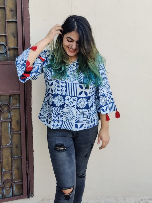Indigo Tiles Hand Block Printed Top with Bell Sleeves and Tassels