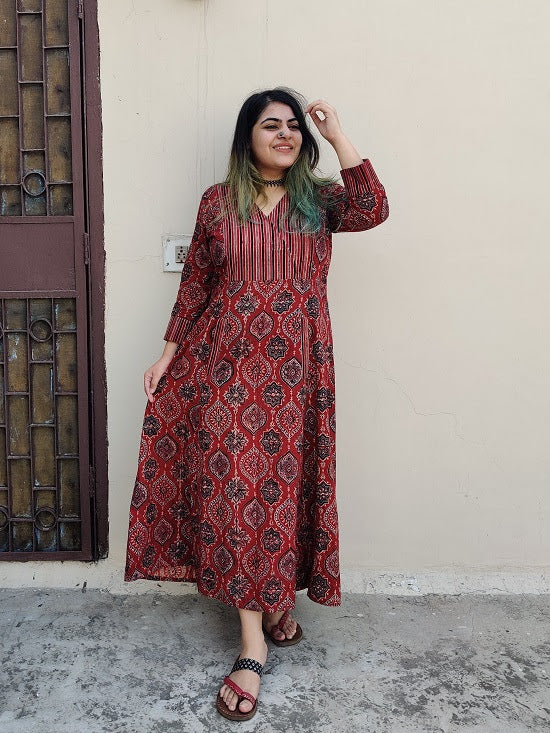 Tamaatar Ajrakh A line Maxi Patch Dress