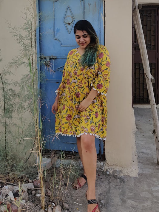 Yellow Marigold Handblock Printed Comfort Fit Flared Dress with Pompoms