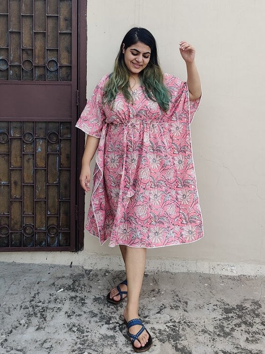 Pretty Pink Knee Length Kaftan with Lace Detailing
