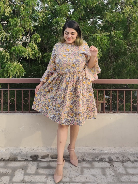 Lemon Zest Hand Block Printed Tiered Dress with Lace Detailing