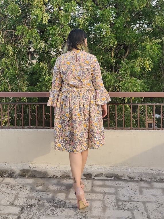 Lemon Zest Hand Block Printed Tiered Dress with Lace Detailing