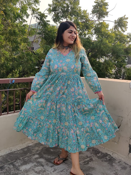 Cherry Blossom Hand Block printed Tier Dress with Pintuck Sleeve Detailing