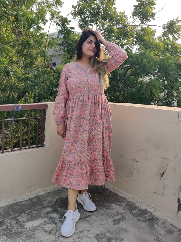Peach Blossom Hand Block printed Tier Dress with Pintuck Sleeve Detailing