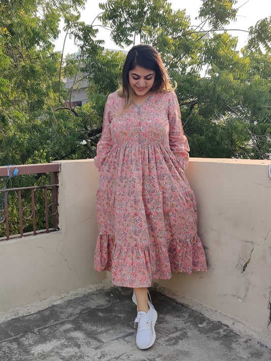 Peach Blossom Hand Block printed Tier Dress with Pintuck Sleeve Detailing