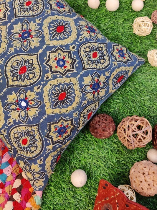 12x12 Indigo Green Ajrakh Hand Embroidered Cushion Cover