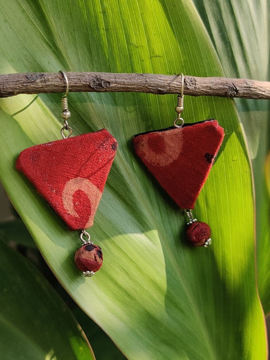 Red Triangle Hand Block Printed Fabric Earrings