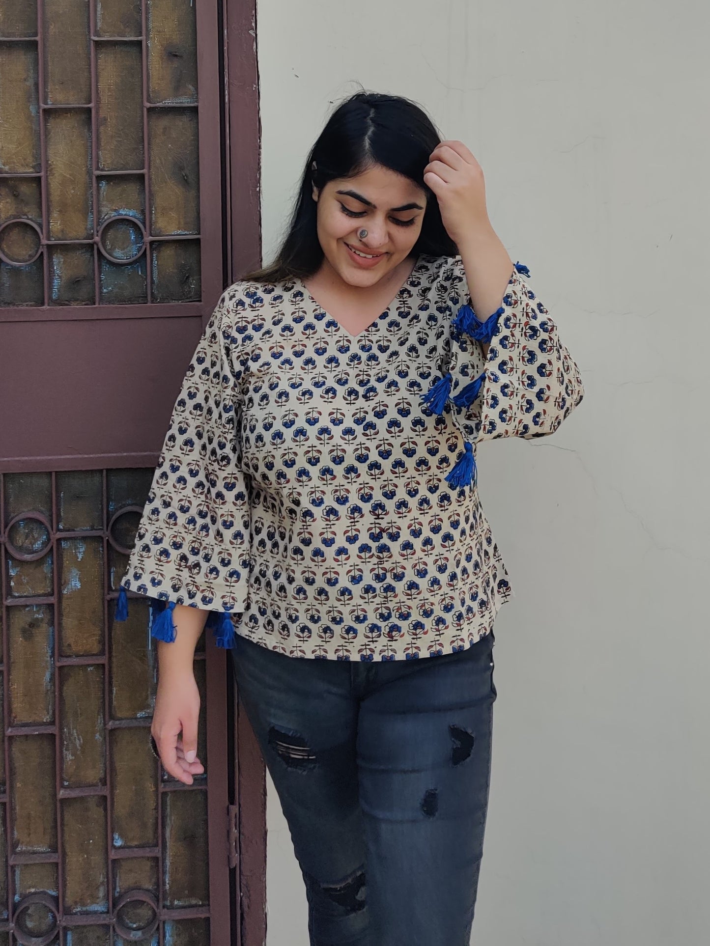 Blueberry Cheesecake Ajrakh Bell Sleeves Top with Tassels