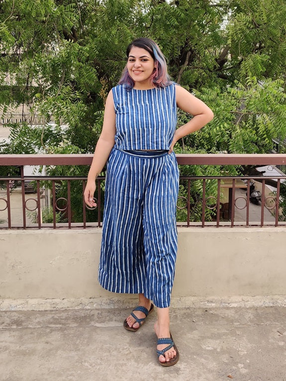 Indigo Lines Coord Set with Sleeveless Top and High waist Plazzo