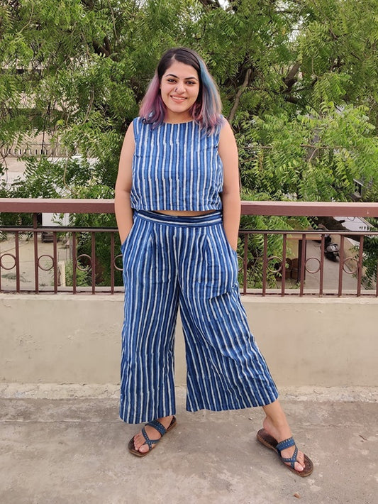 Indigo Lines Coord Set with Sleeveless Top and High waist Plazzo