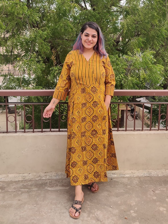 Haldi Ajrakh A Line Maxi Patch Dress