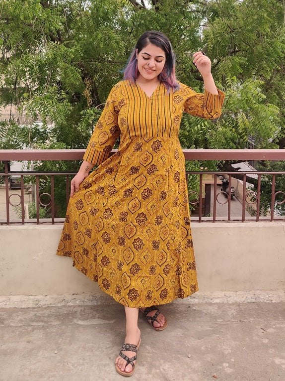 Haldi Patch Haldi Ajrakh A Line Maxi Patch Dress – Kasaa Hues