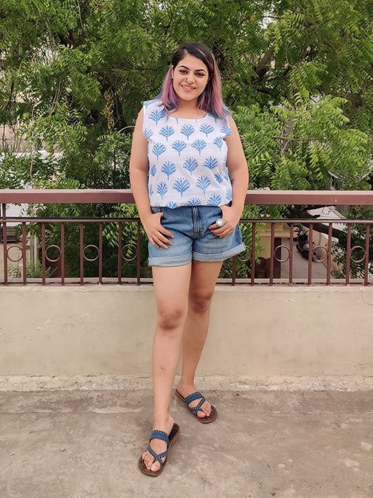 Blue Glow Hand Block Printed Sleeveless Top with Pintuck