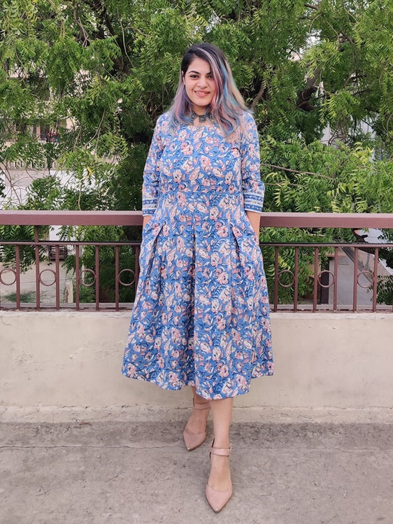 Orchid Hand Block Printed Midi Dress