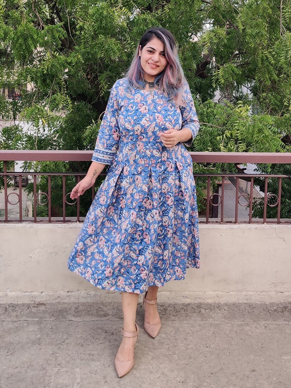 Orchid Hand Block Printed Midi Dress