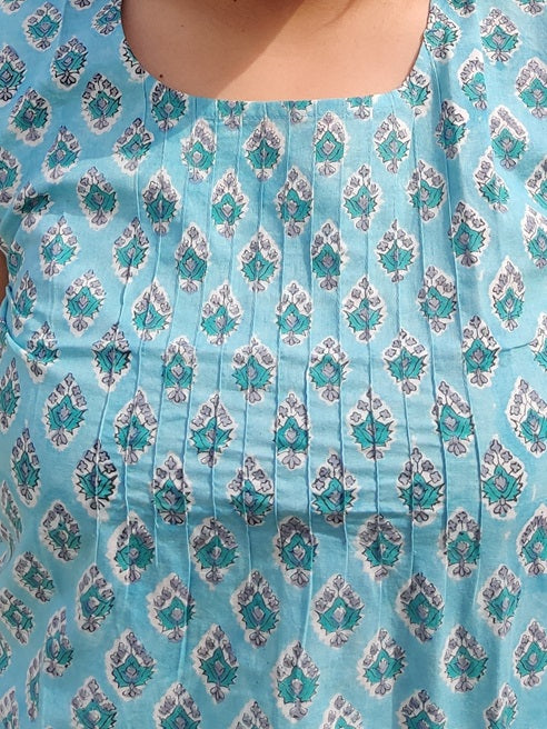 Pastel Blue Hand Block Printed Sleeveless top with Pintucks
